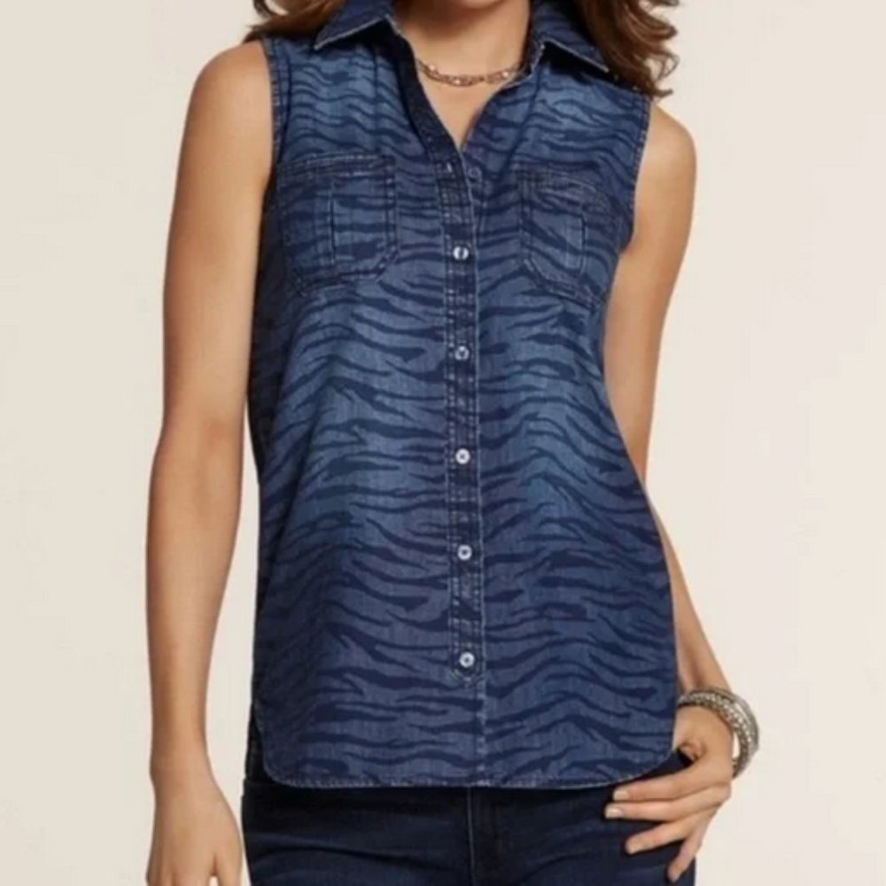 Chico's Blue Zebra Print Sleeveless Tunic Blouse size 1